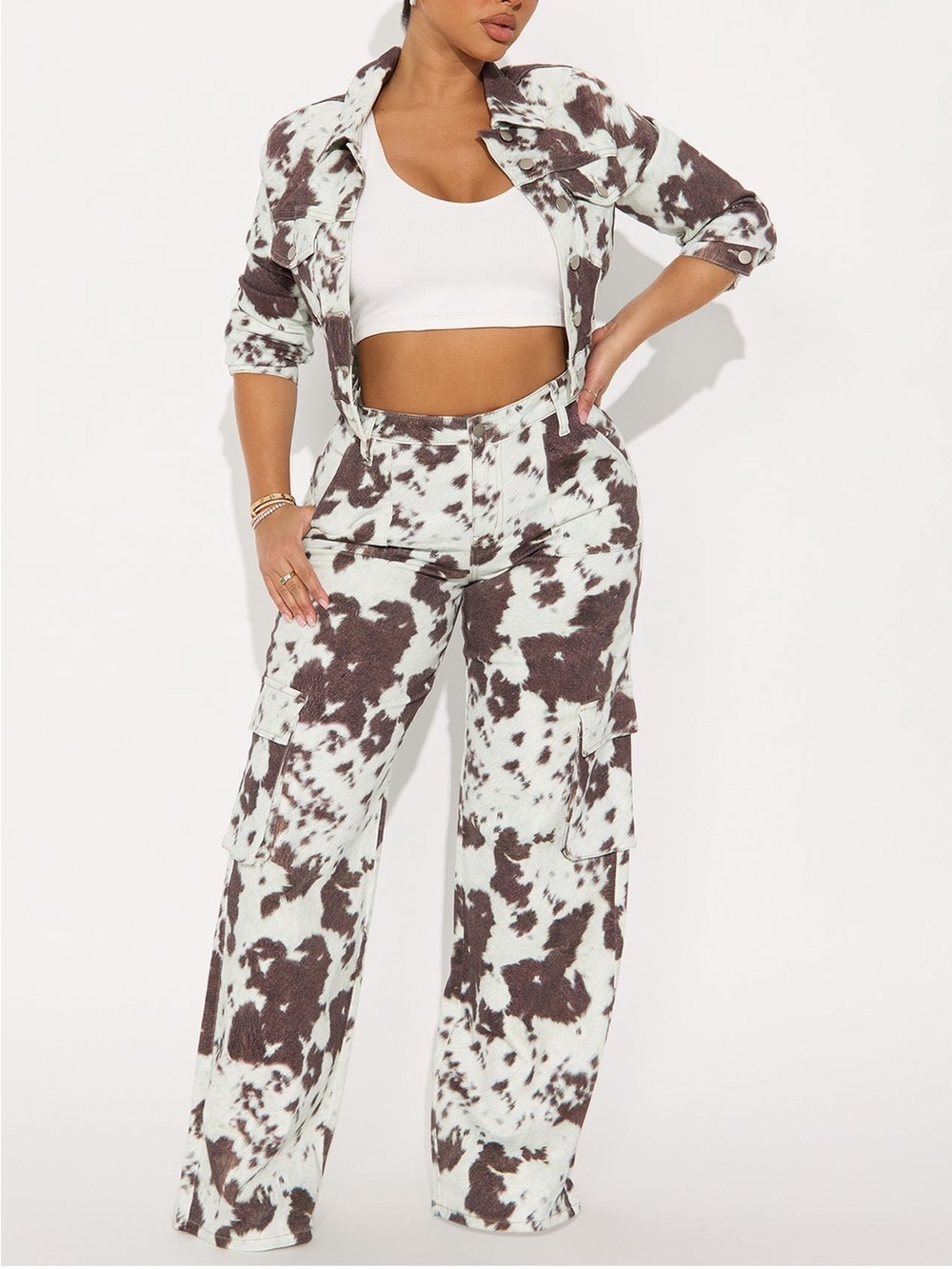 Fashion Nova Brown & White Cow-Print Wide Leg Cargo Pants AND Jacket